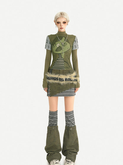 Nico Molly Green Punk Print Slim Fit A Line Sleeve Women&