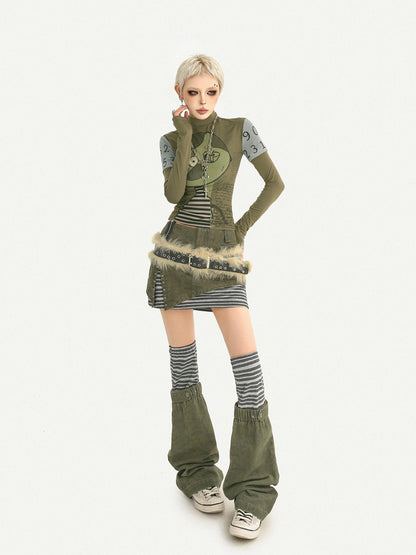 Nico Molly Green Punk Print Slim Fit A Line Sleeve Women&