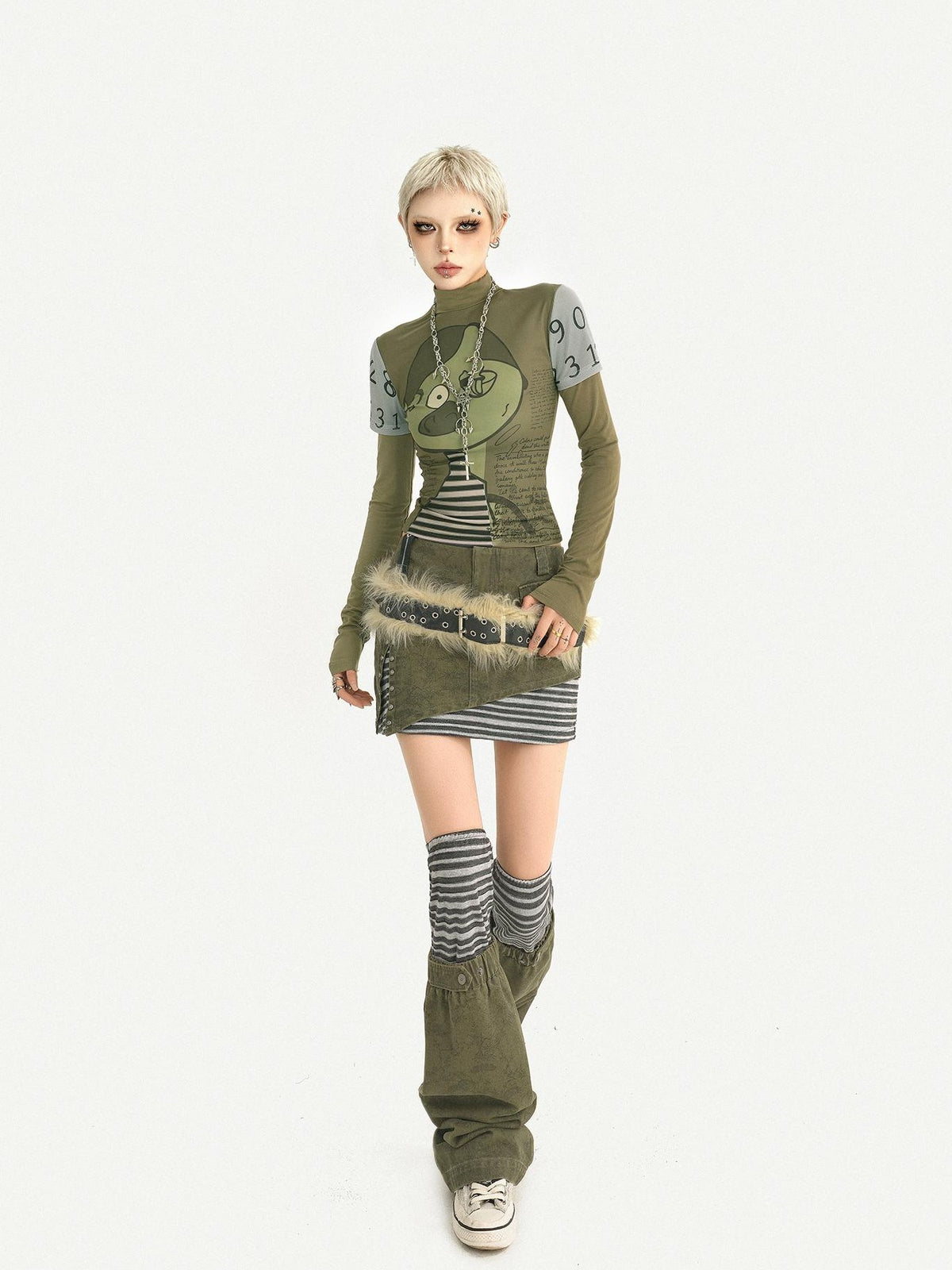 Nico Molly Green Punk Print Slim Fit A Line Sleeve Women&