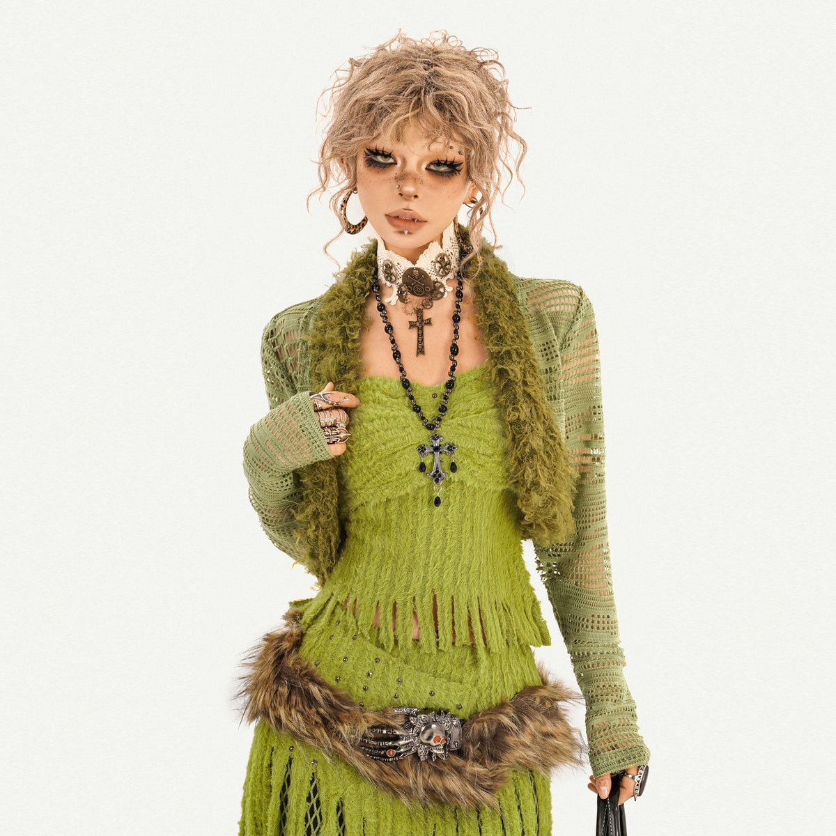 Nico_Molly_Green_Tassel_Spliced_Mesh_Bustier_Long_Skirt_Women&