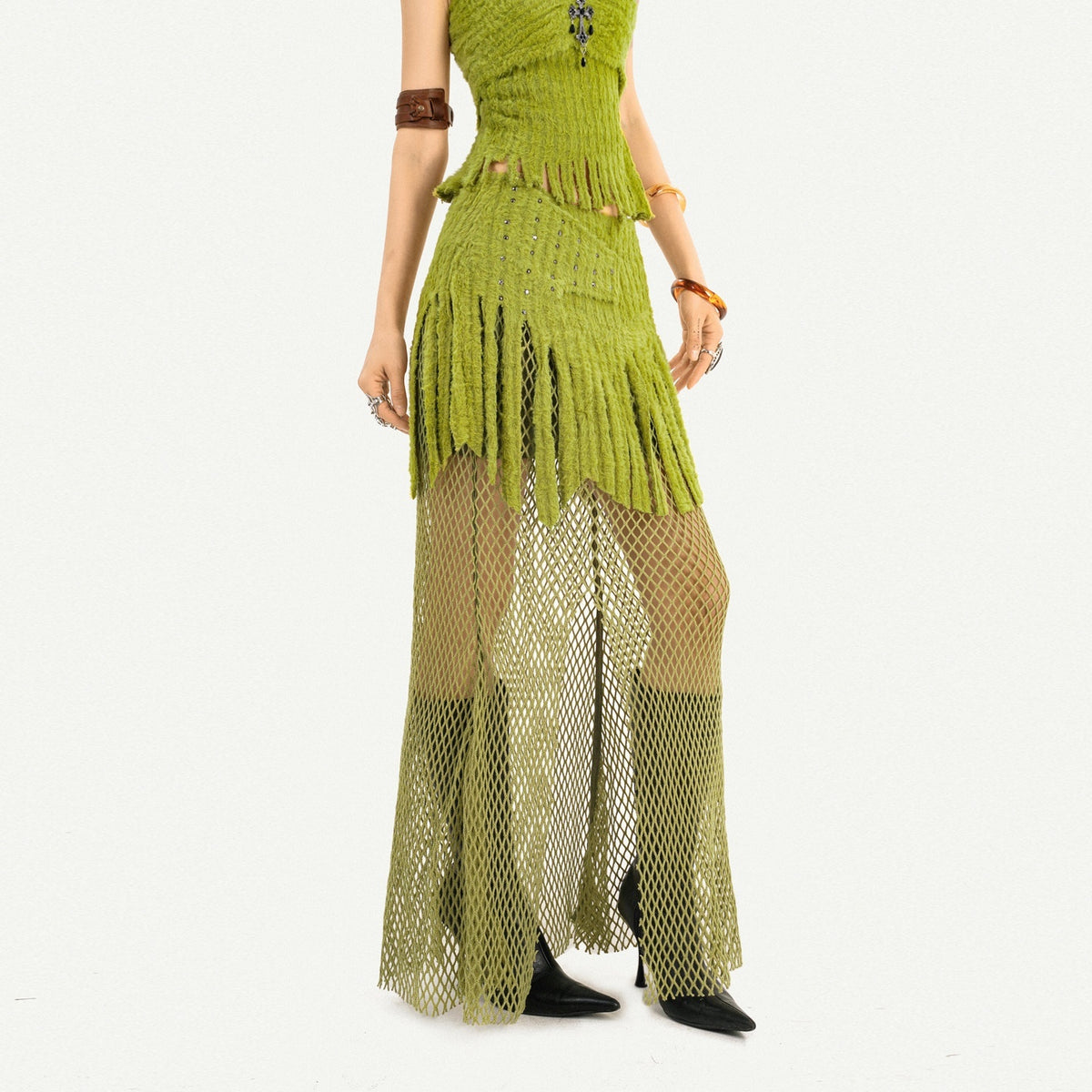 Nico_Molly_Green_Tassel_Spliced_Mesh_Bustier_Long_Skirt_Women&