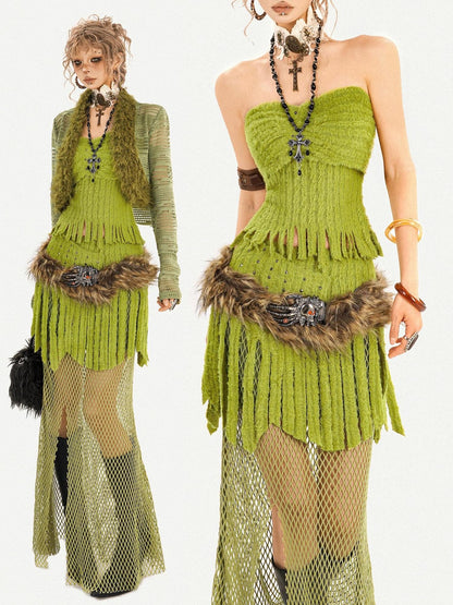 Nico Molly Green Tassel Spliced Mesh Bustier Long Skirt Women&