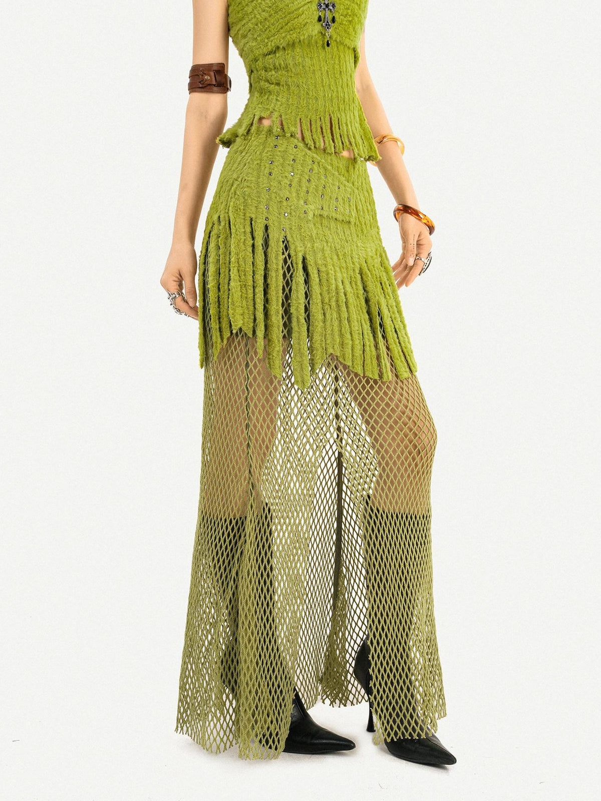Nico Molly Green Tassel Spliced Mesh Bustier Long Skirt Women&