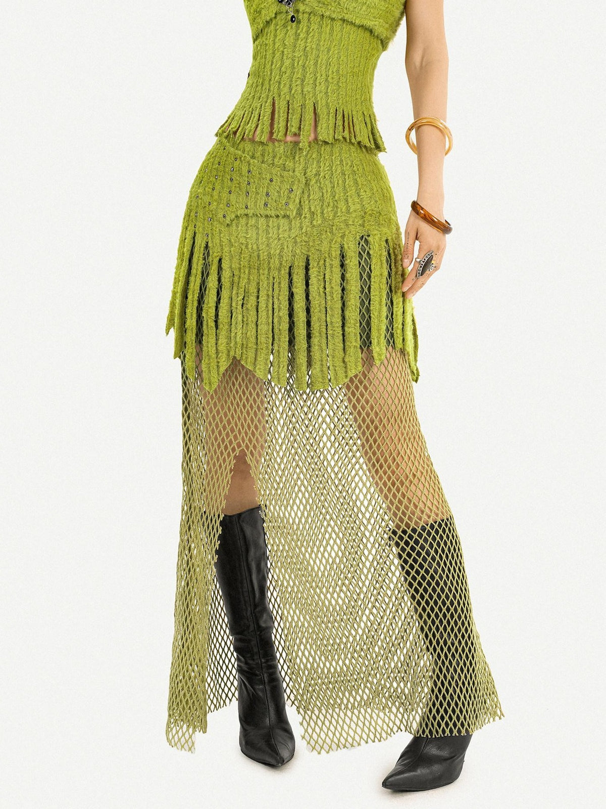 Nico Molly Green Tassel Spliced Mesh Bustier Long Skirt Women&