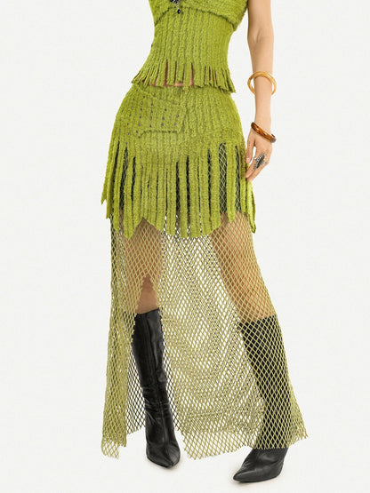 Nico Molly Green Tassel Spliced Mesh Bustier Long Skirt Women&