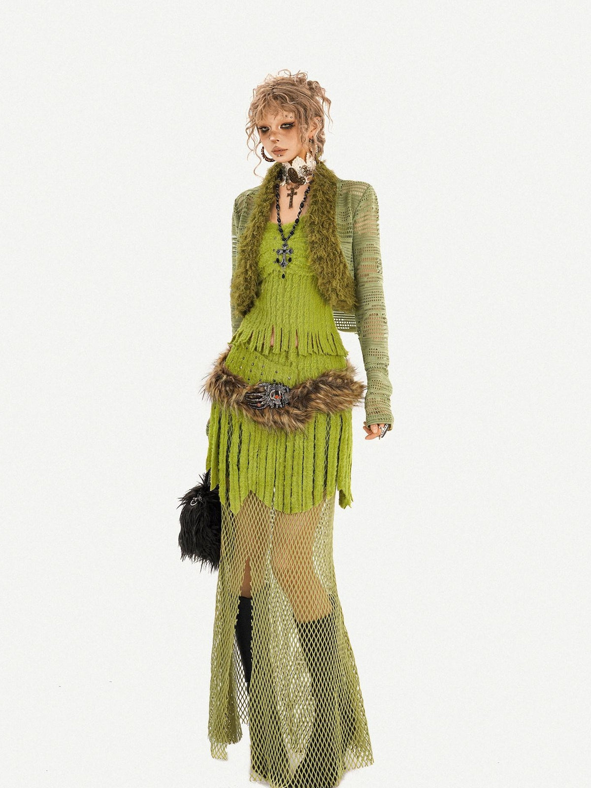 Nico Molly Green Tassel Spliced Mesh Bustier Long Skirt Women&
