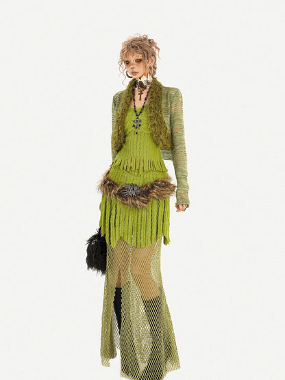 Nico Molly Green Tassel Spliced Mesh Bustier Long Skirt Women&