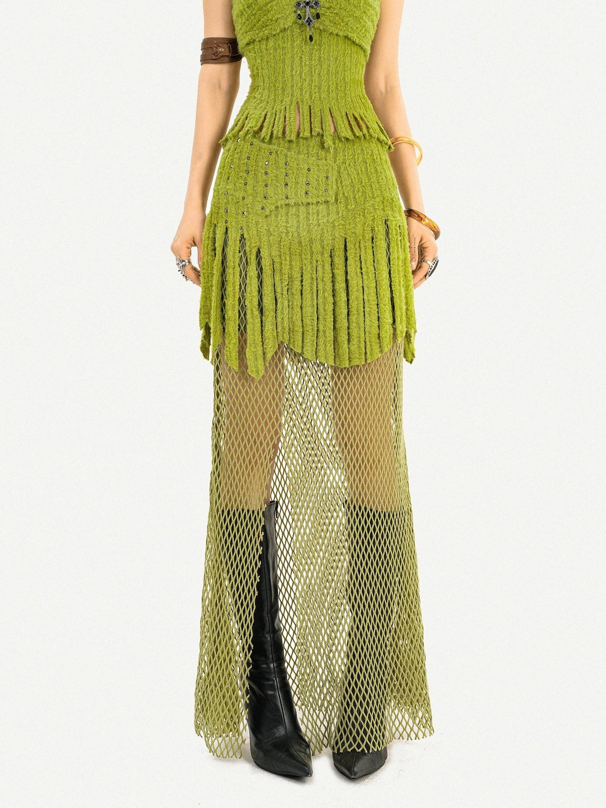 Nico Molly Green Tassel Spliced Mesh Bustier Long Skirt Women&