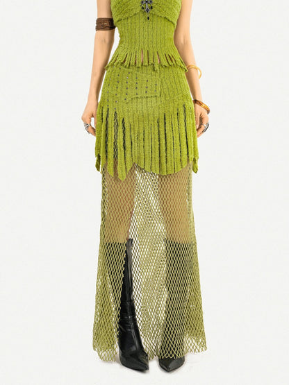 Nico Molly Green Tassel Spliced Mesh Bustier Long Skirt Women&