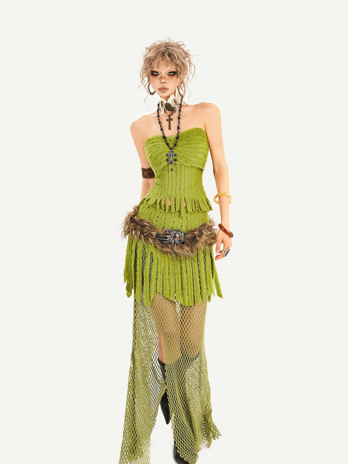 Nico Molly Green Tassel Spliced Mesh Bustier Long Skirt Women&