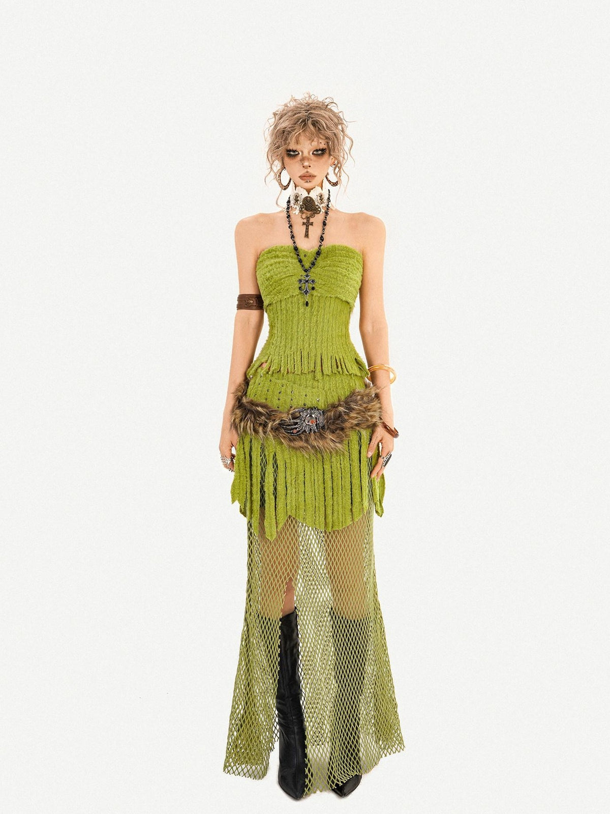 Nico Molly Green Tassel Spliced Mesh Bustier Long Skirt Women&