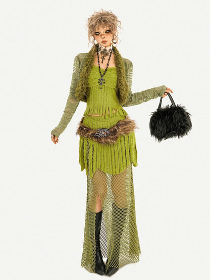 Nico Molly Green Tassel Spliced Mesh Bustier Long Skirt Women&