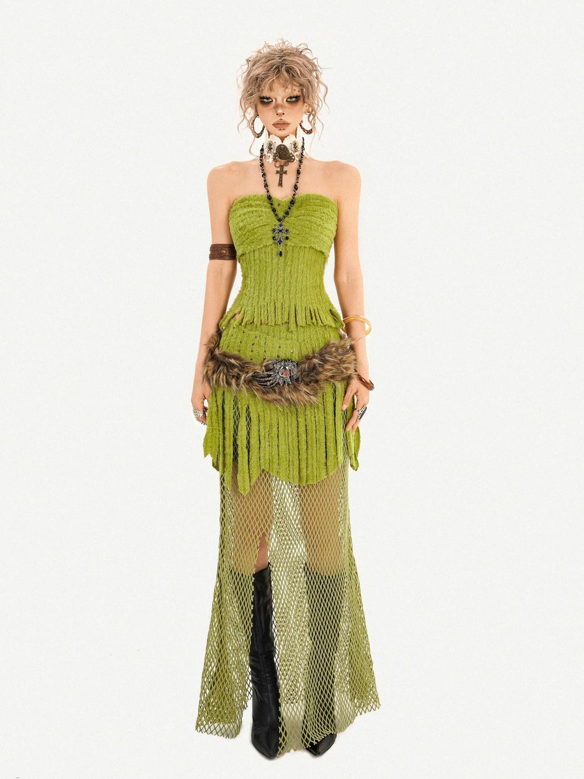 Nico Molly Green Tassel Spliced Mesh Bustier Long Skirt Women&