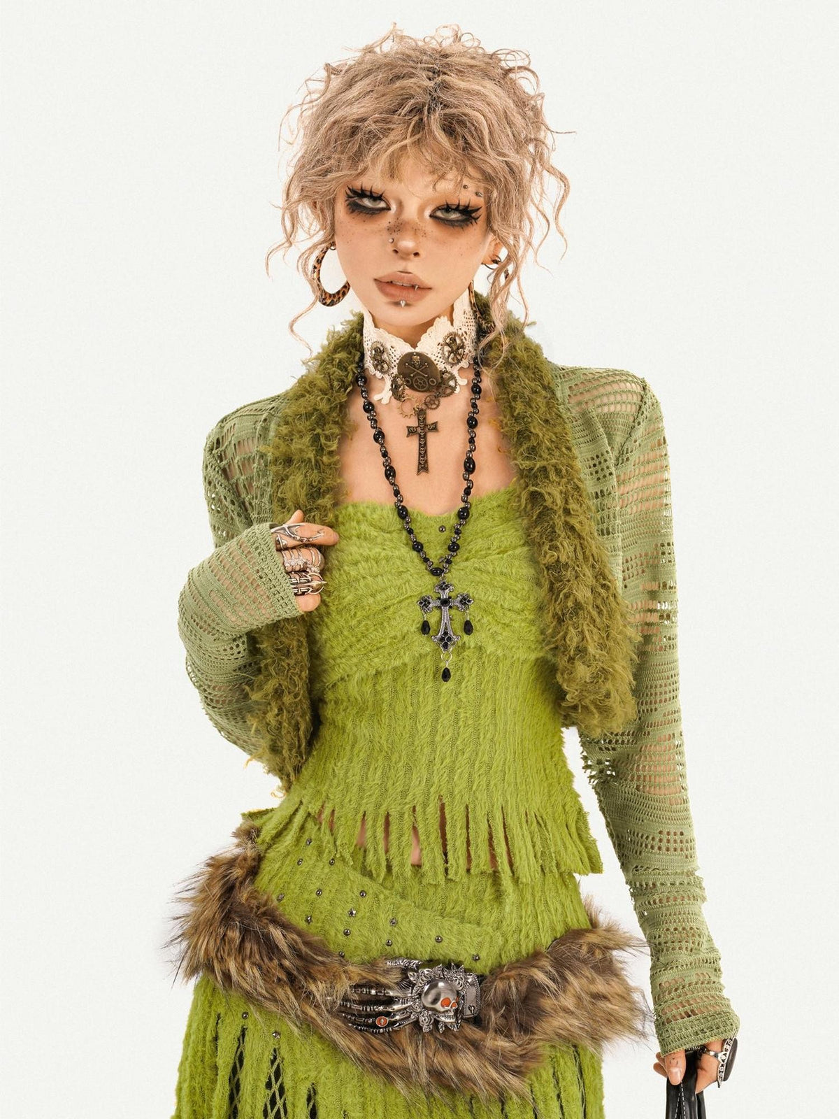 Nico Molly Green Tassel Spliced Mesh Bustier Long Skirt Women&
