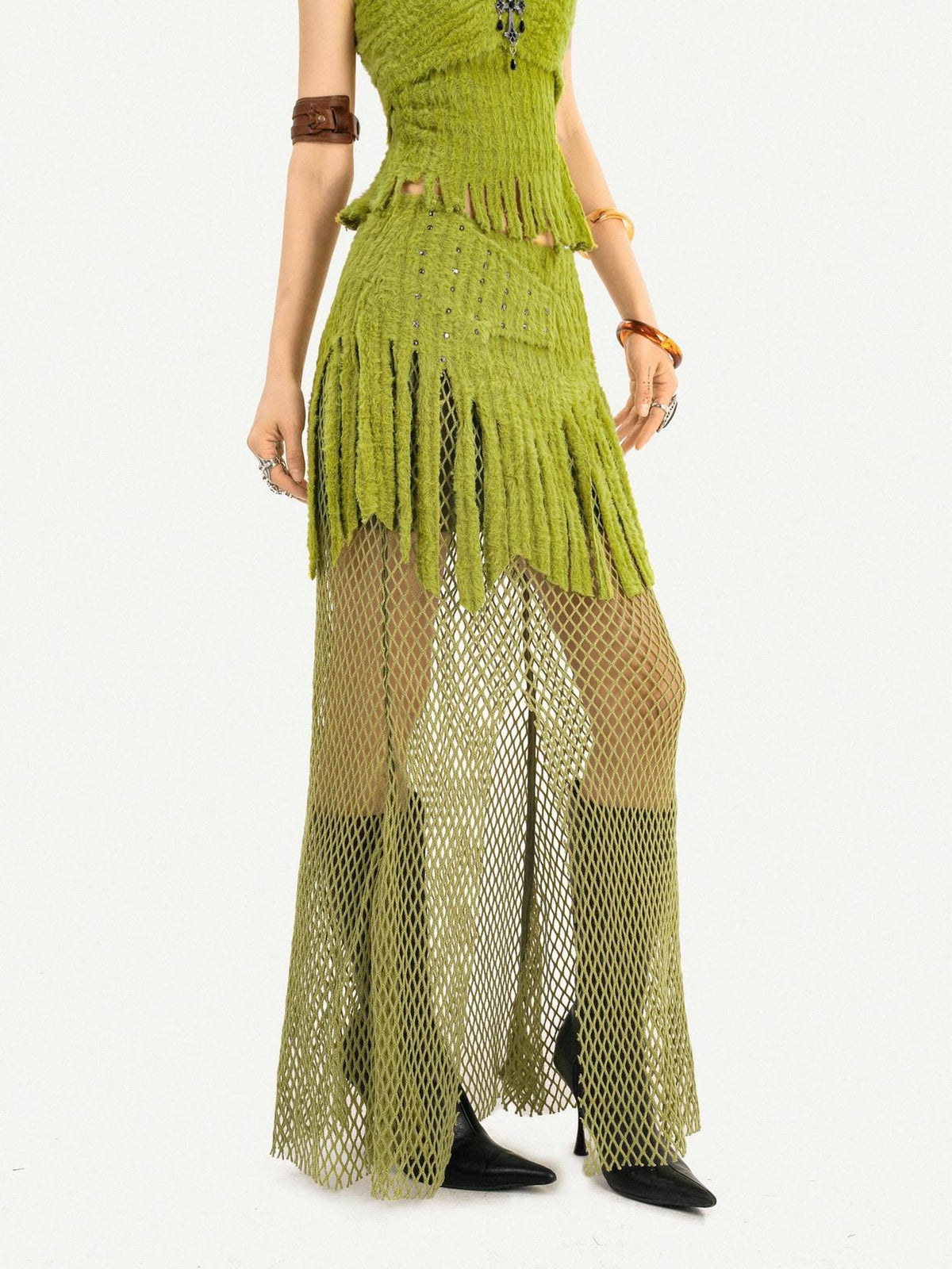 Nico Molly Green Tassel Spliced Mesh Bustier Long Skirt Women&