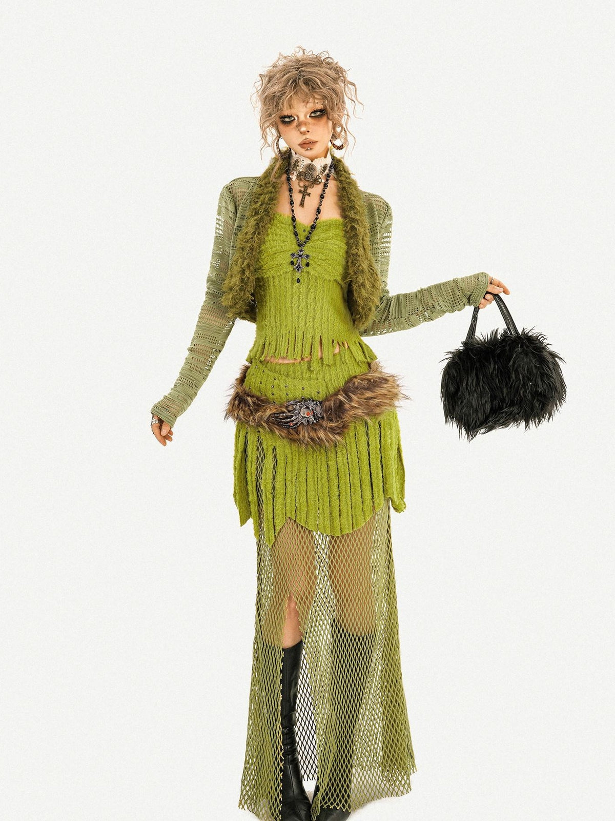Nico Molly Green Tassel Spliced Mesh Bustier Long Skirt Women&