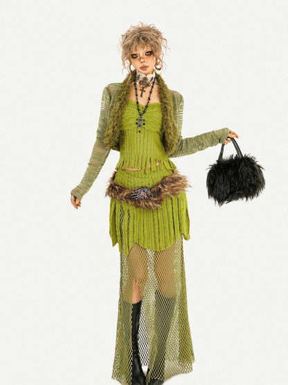 Nico Molly Green Tassel Spliced Mesh Bustier Long Skirt Women&
