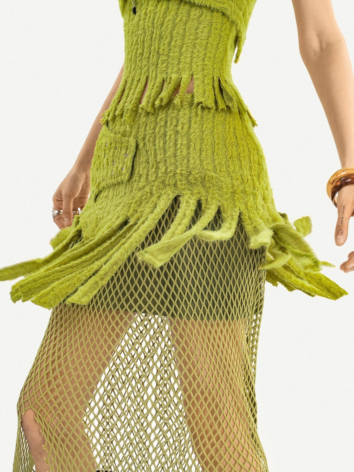 Nico Molly Green Tassel Spliced Mesh Bustier Long Skirt Women&