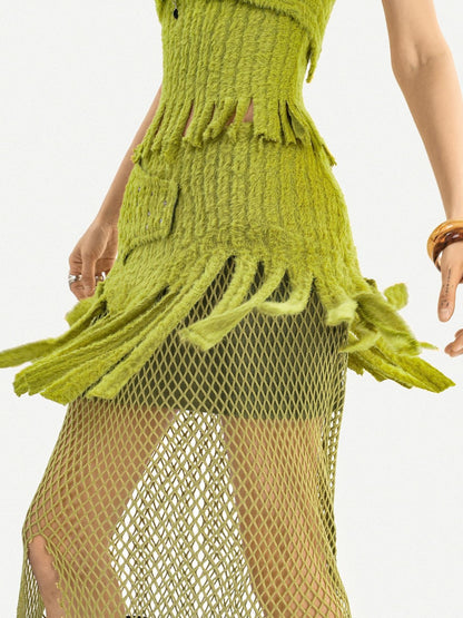 Nico Molly Green Tassel Spliced Mesh Bustier Long Skirt Women&