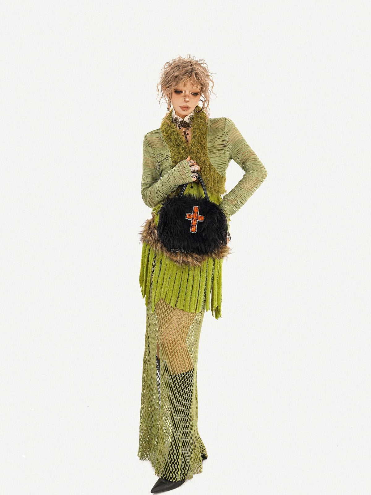 Nico Molly Green Tassel Spliced Mesh Bustier Long Skirt Women&