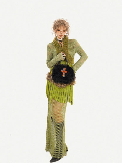 Nico Molly Green Tassel Spliced Mesh Bustier Long Skirt Women&