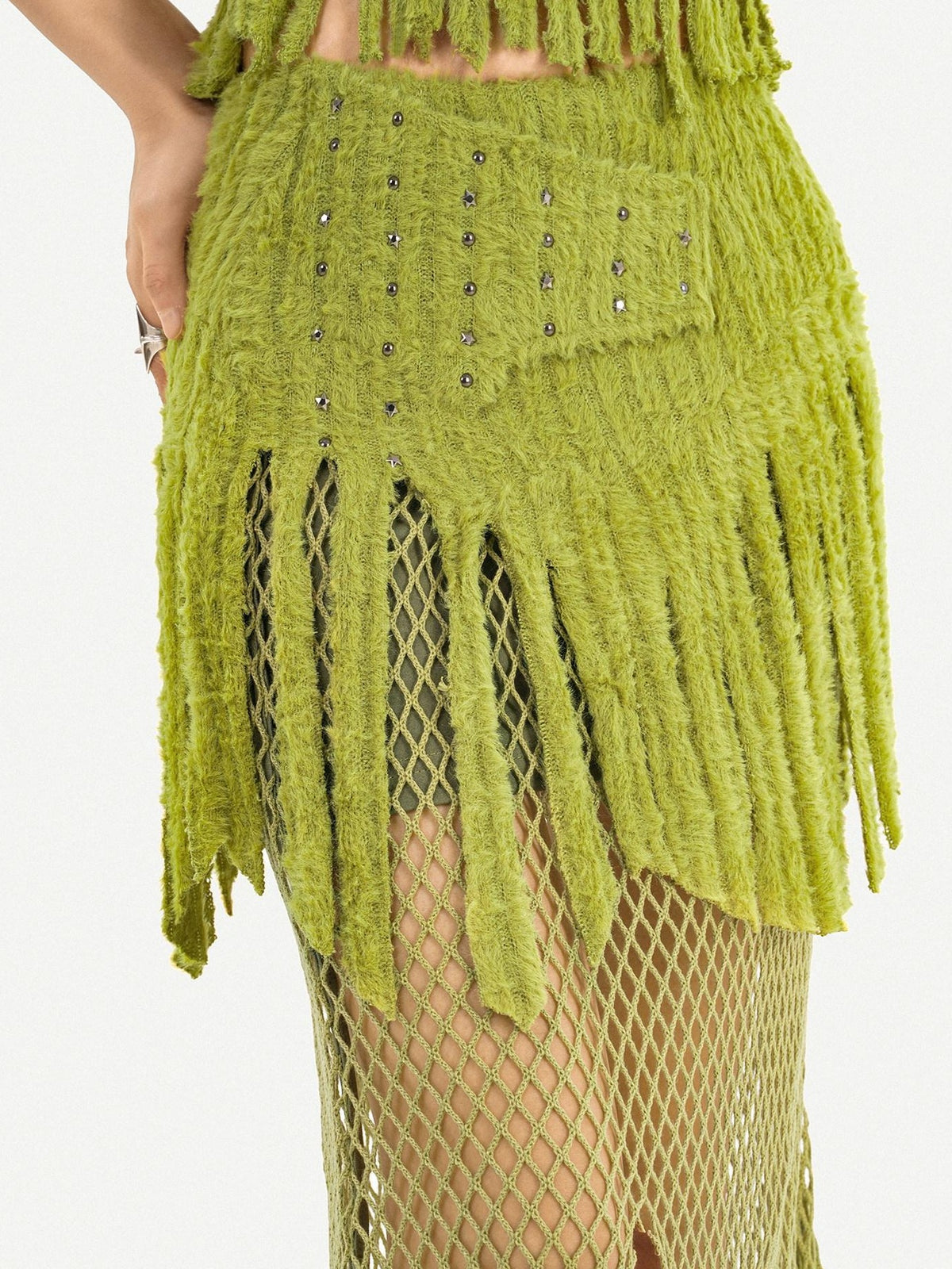 Nico Molly Green Tassel Spliced Mesh Bustier Long Skirt Women&