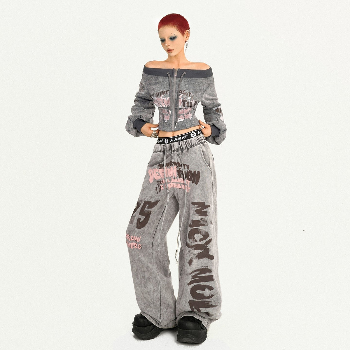 Nico_Molly_Grey_Vintage_Letter_Print_Loose_Pocket_Elastic_Women&