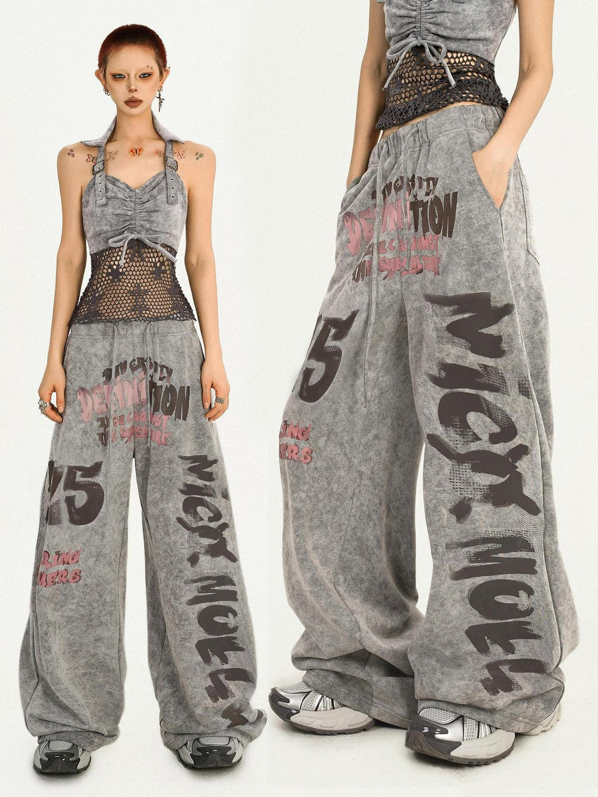 Nico Molly Grey Vintage Letter Print Loose Pocket Elastic Women&