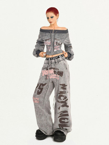 Nico Molly Grey Vintage Letter Print Loose Pocket Elastic Women&