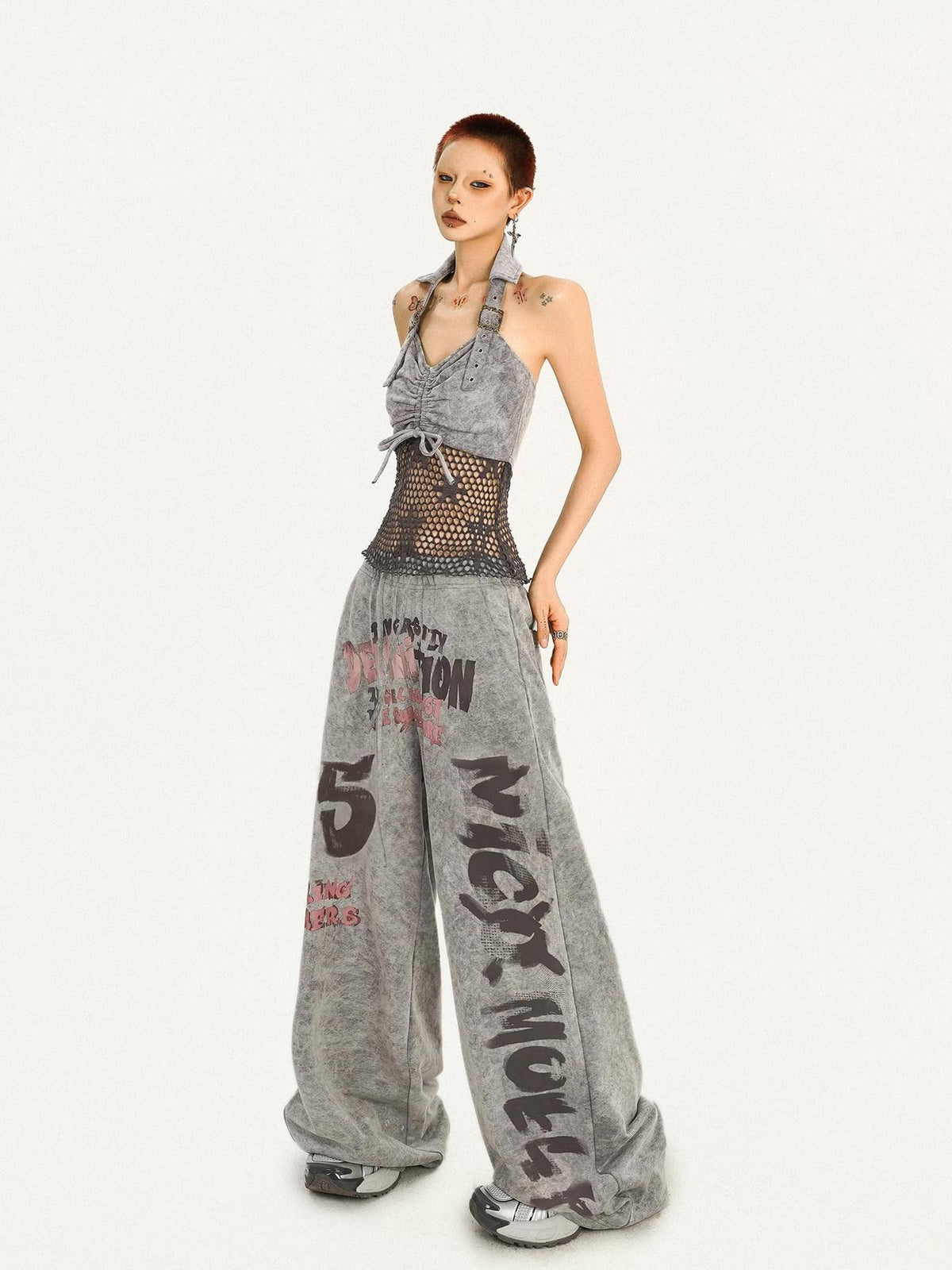 Nico Molly Grey Vintage Letter Print Loose Pocket Elastic Women&