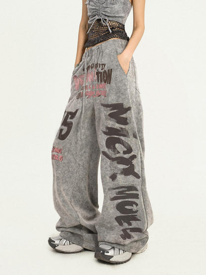 Nico Molly Grey Vintage Letter Print Loose Pocket Elastic Women&