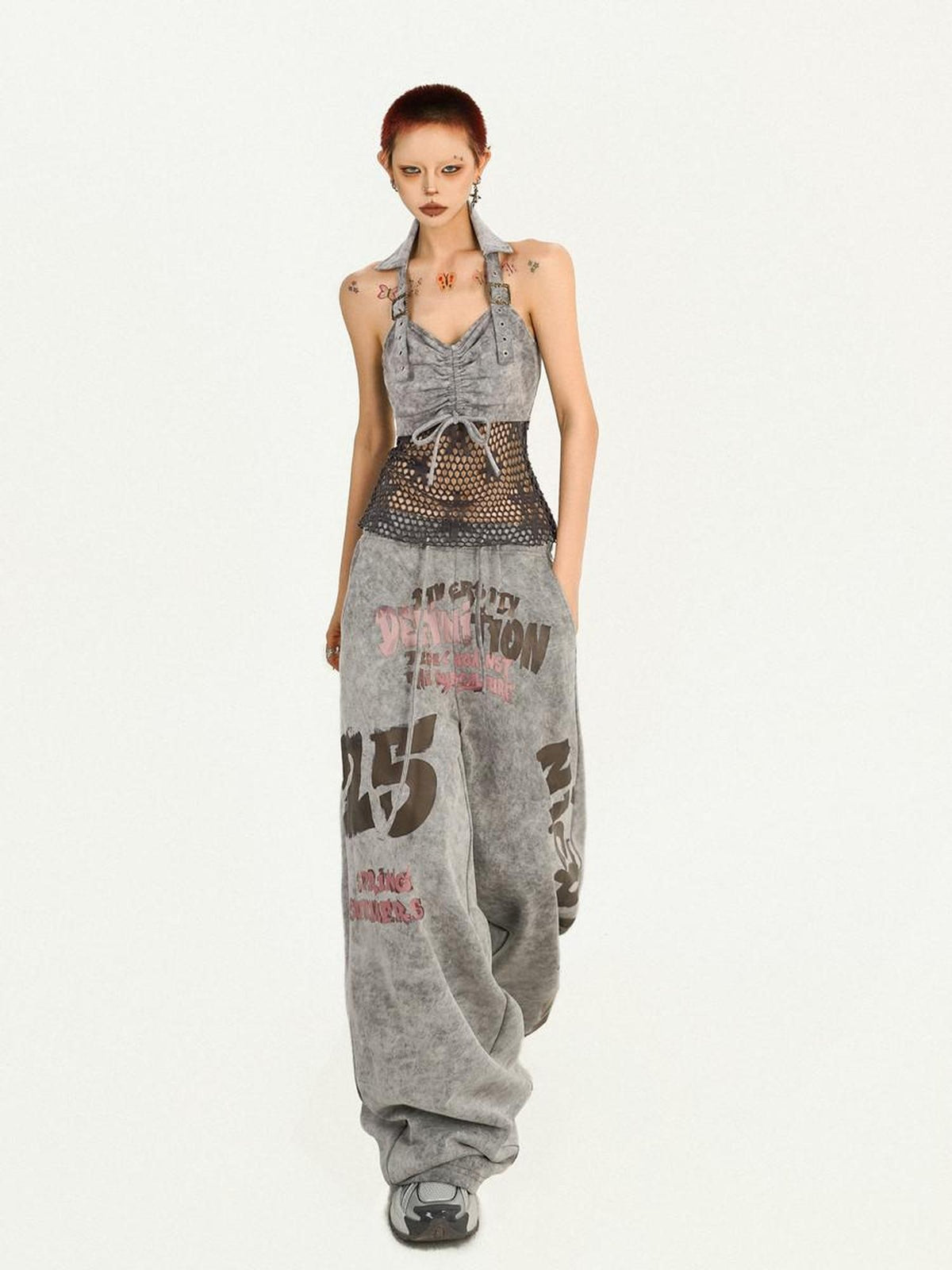 Nico Molly Grey Vintage Letter Print Loose Pocket Elastic Women&