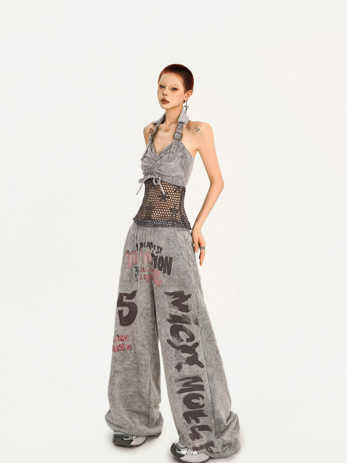 Nico Molly Grey Vintage Letter Print Loose Pocket Elastic Women&