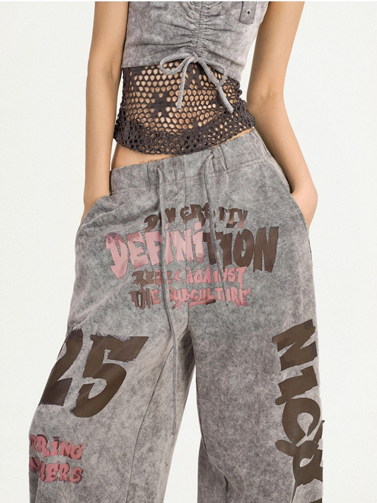 Nico Molly Grey Vintage Letter Print Loose Pocket Elastic Women&