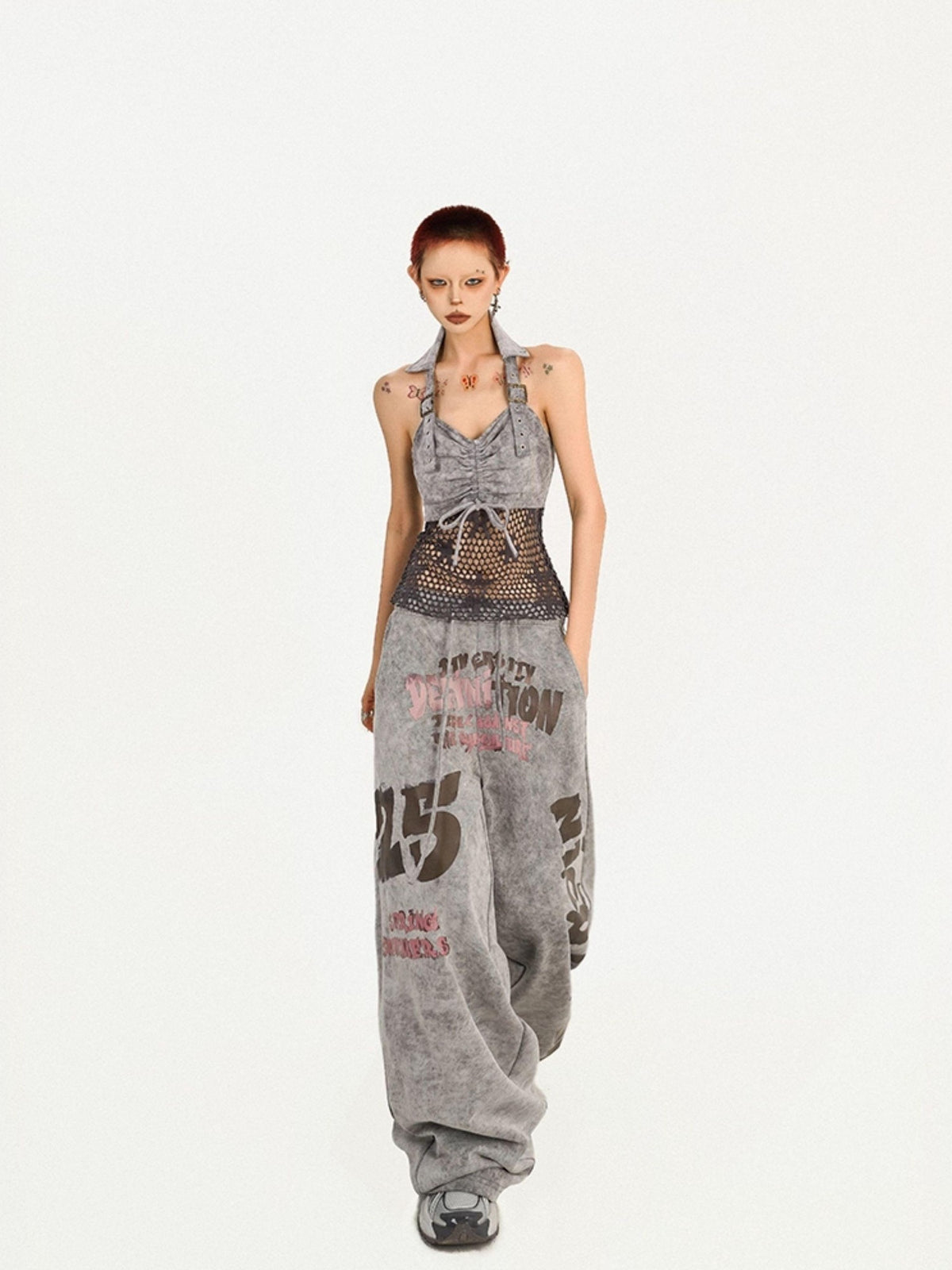 Nico Molly Grey Vintage Letter Print Loose Pocket Elastic Women&