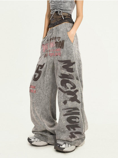 Nico Molly Grey Vintage Letter Print Loose Pocket Elastic Women&