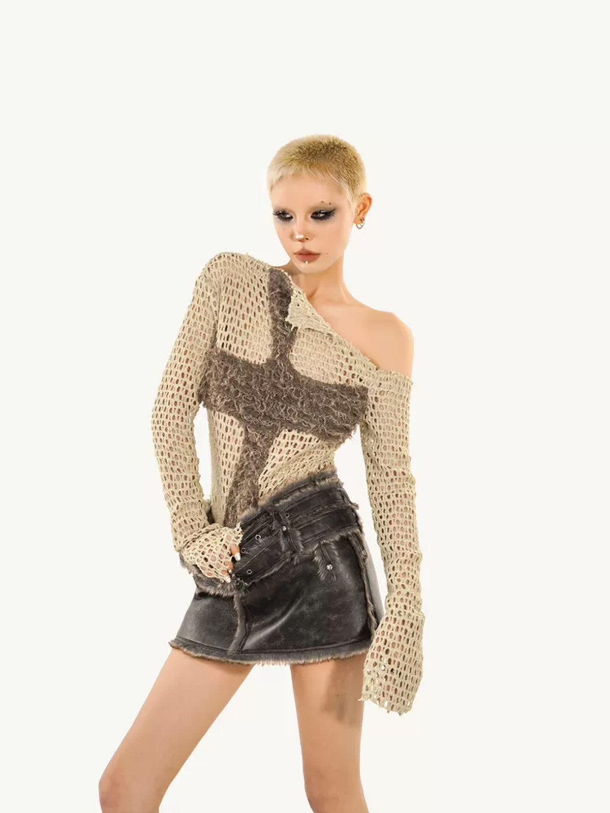 Nico Molly Grunge Distressed Cutout Fishnet Knitted Women&