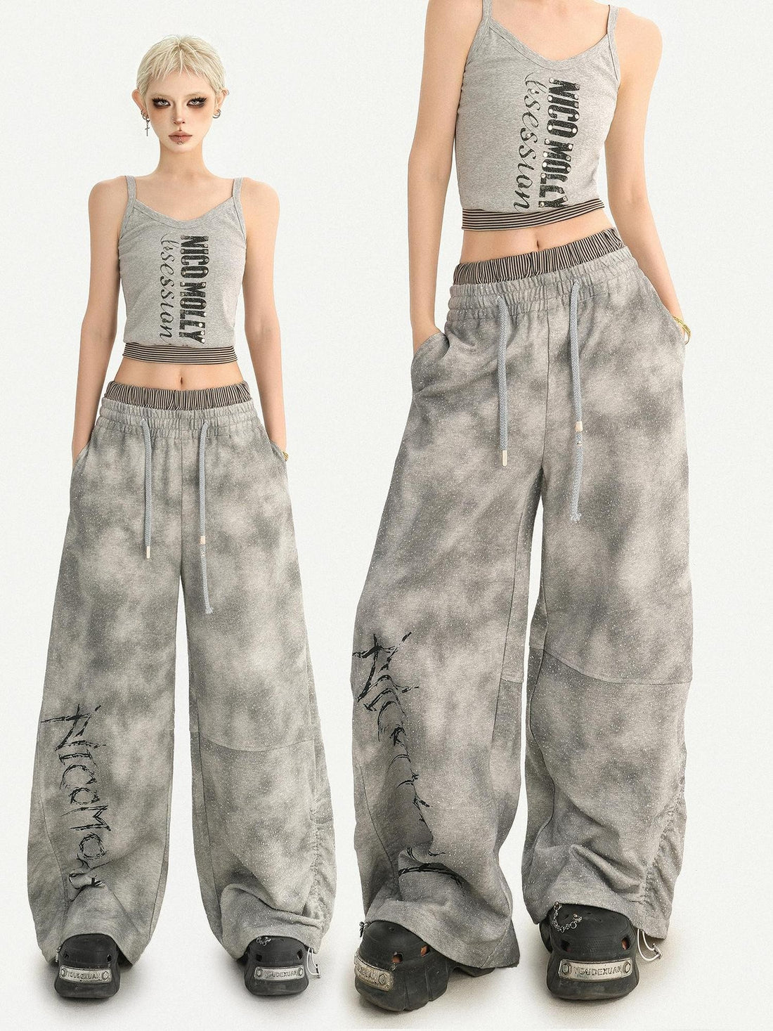 Nico Molly High Street Grey Asymmetrical Distressed Wide Leg Drapey Women&