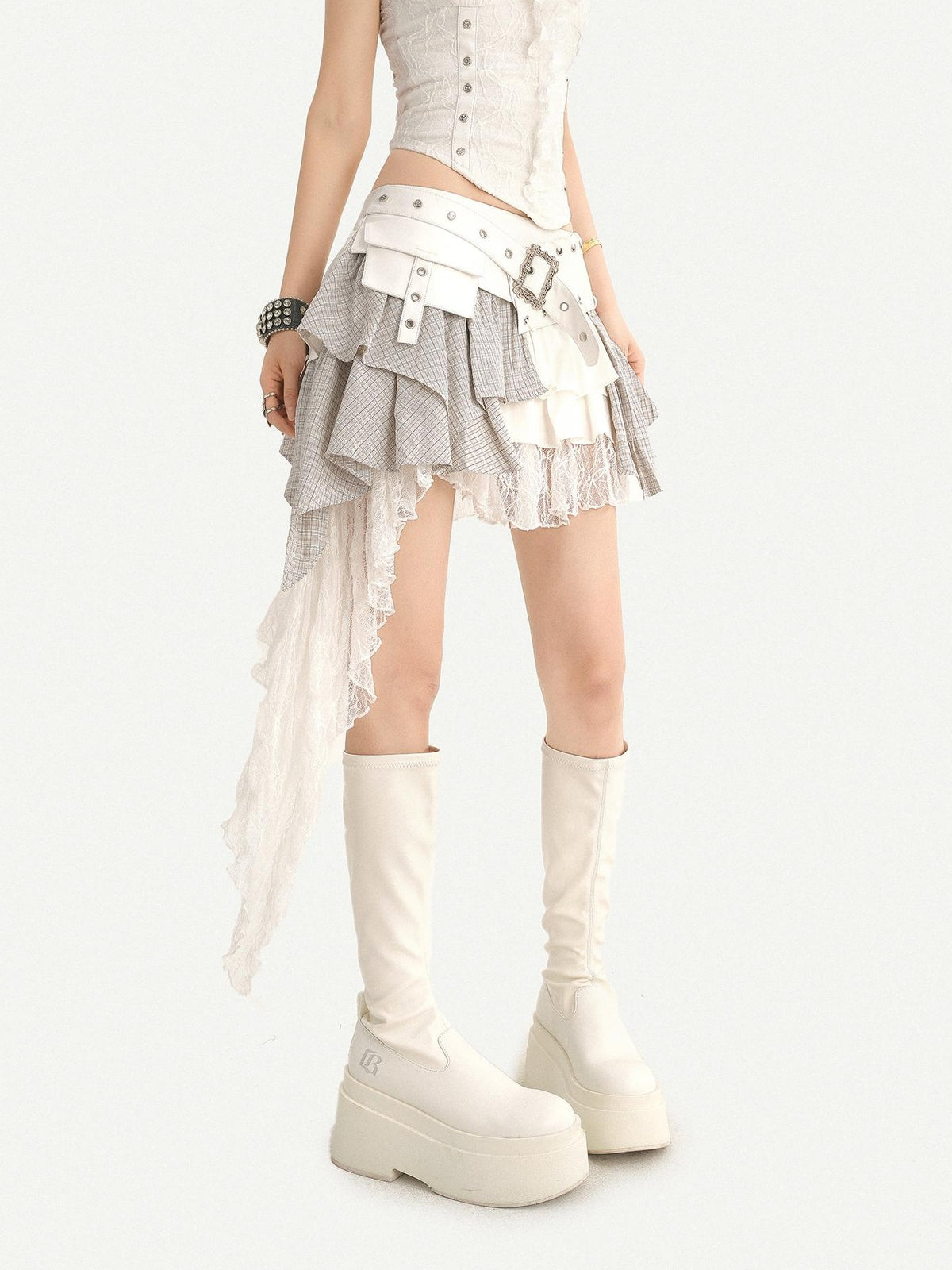 Nico Molly Irregular Plaid Layered Lace Asymmetric Women&