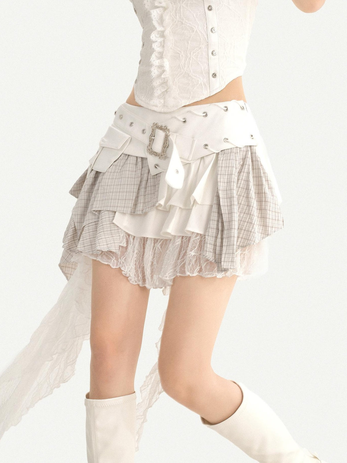 Nico Molly Irregular Plaid Layered Lace Asymmetric Women&
