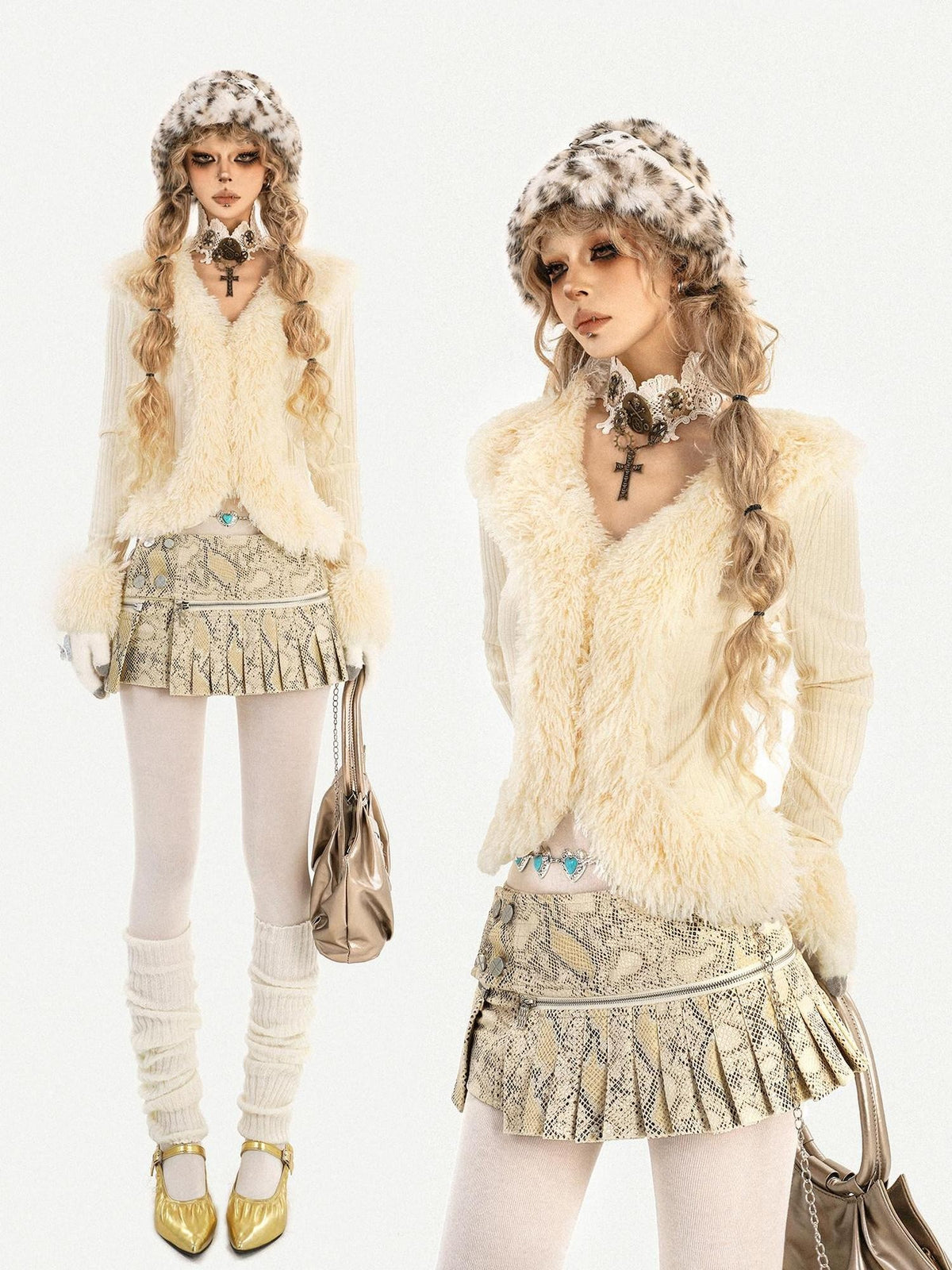 Nico Molly Ivory Shearling Collar V-neck Slim Long Sleeve Women&