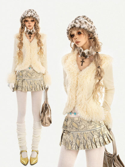 Nico Molly Ivory Shearling Collar V-neck Slim Long Sleeve Women&