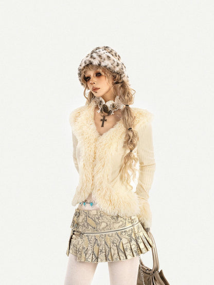 Nico Molly Ivory Shearling Collar V-neck Slim Long Sleeve Women&