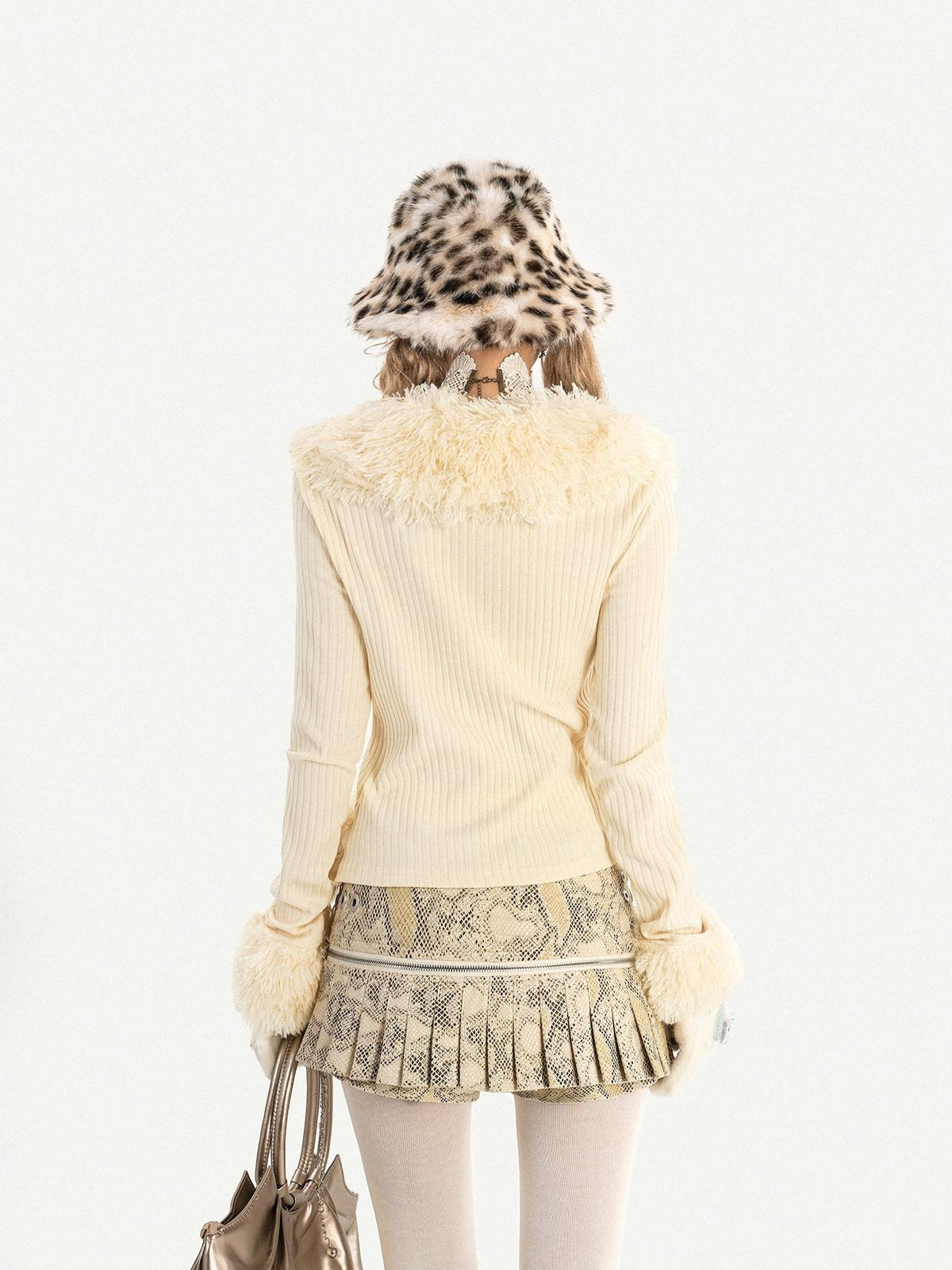 Nico Molly Ivory Shearling Collar V-neck Slim Long Sleeve Women&