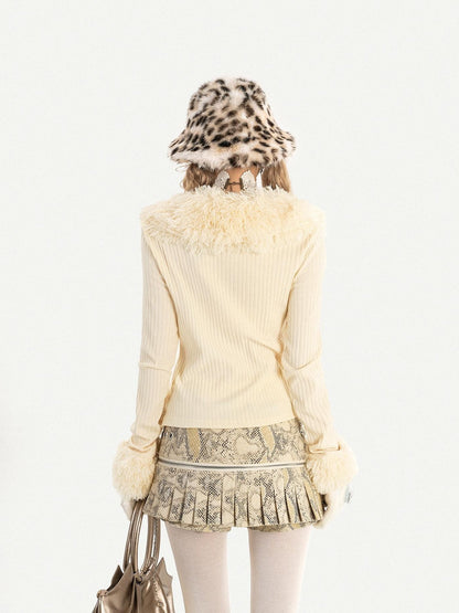 Nico Molly Ivory Shearling Collar V-neck Slim Long Sleeve Women&