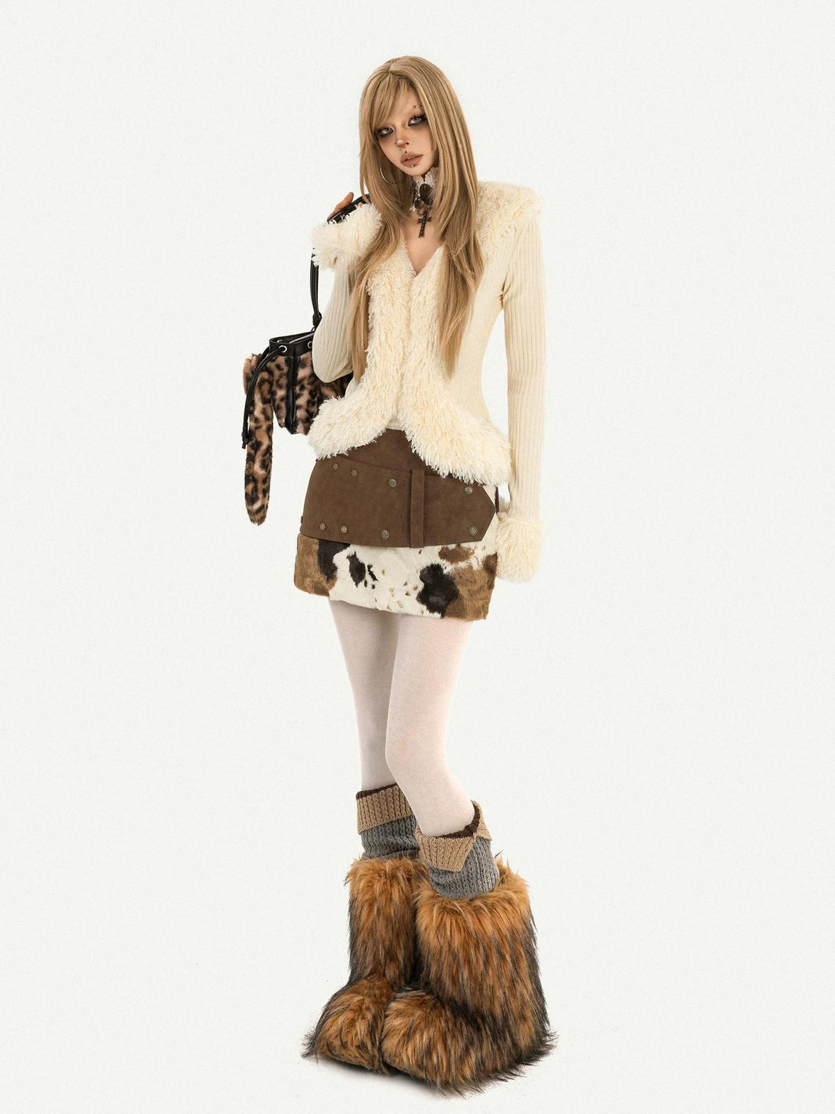 Nico Molly Ivory Shearling Collar V-neck Slim Long Sleeve Women&