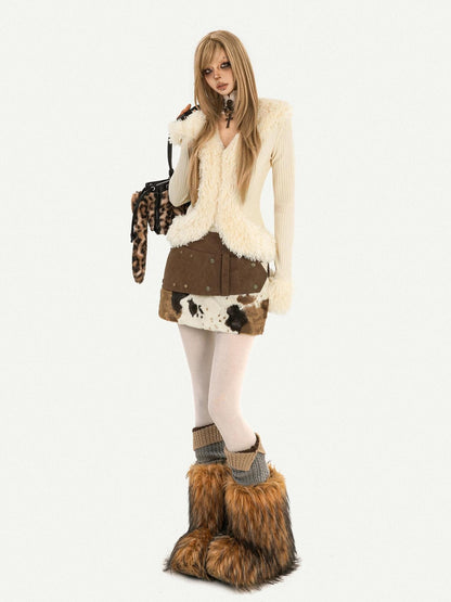 Nico Molly Ivory Shearling Collar V-neck Slim Long Sleeve Women&
