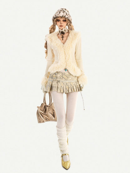 Nico Molly Ivory Shearling Collar V-neck Slim Long Sleeve Women&