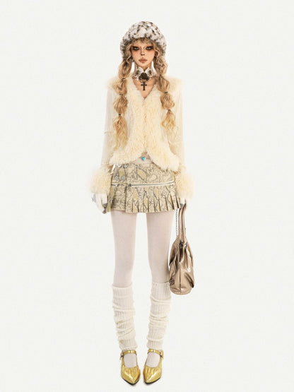 Nico Molly Ivory Shearling Collar V-neck Slim Long Sleeve Women&