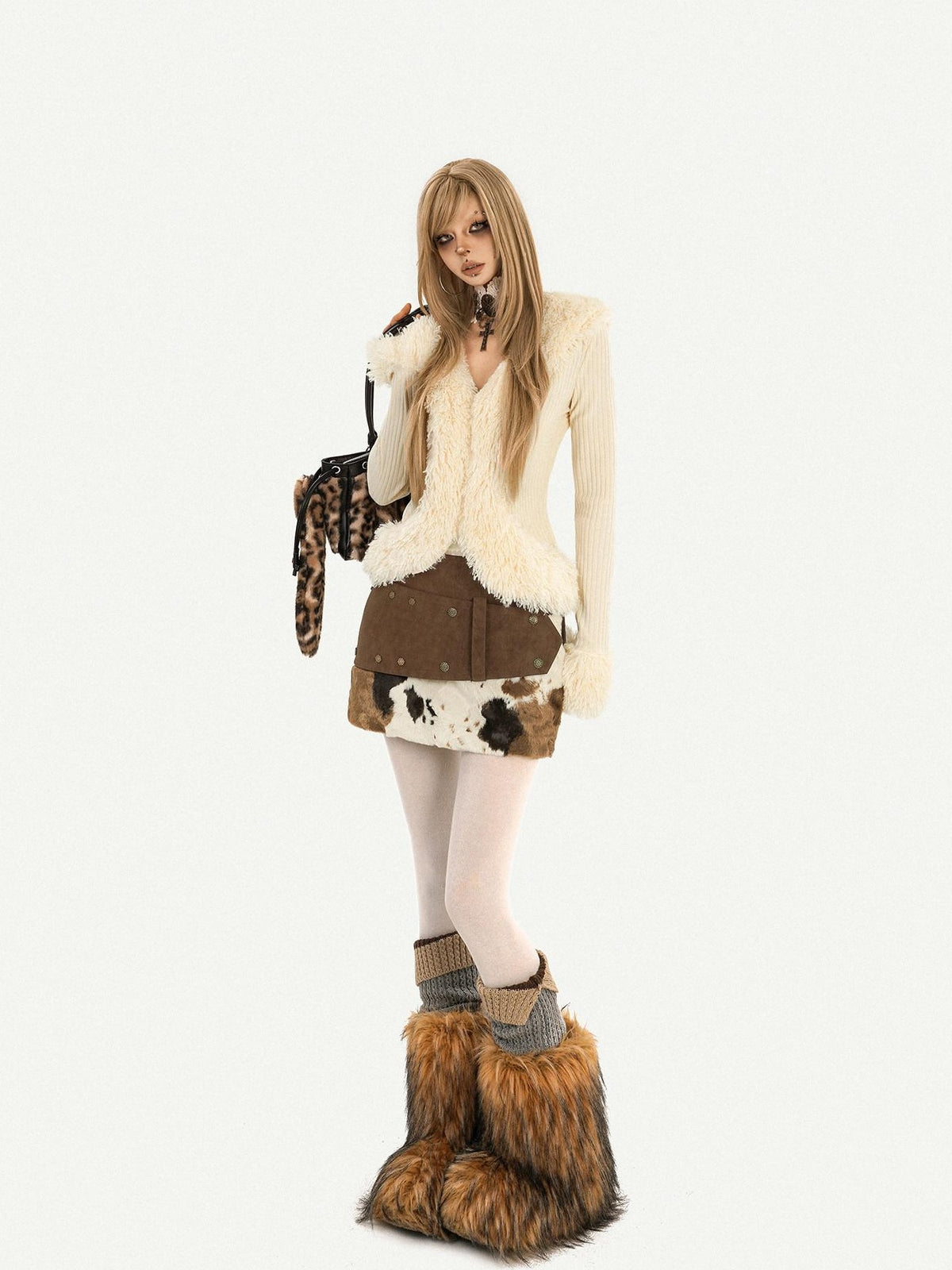 Nico Molly Ivory Shearling Collar V-neck Slim Long Sleeve Women&